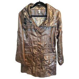 Vintage Y2K Metallic Brown Animal Print Lined Jacket Womens Medium Zip Snap Coat